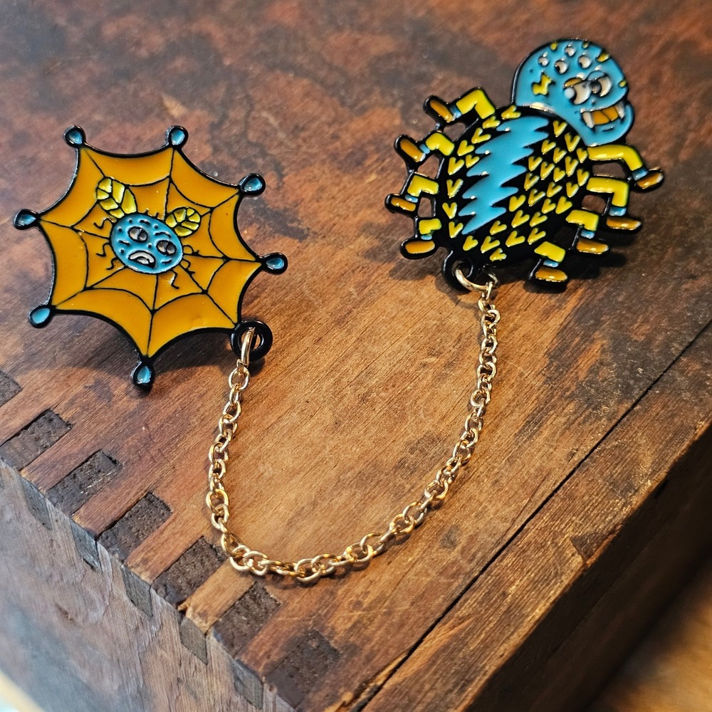 Yellow Spider and Web Enamel Pin Unisex OS Chain Collar Brooch Cartoon